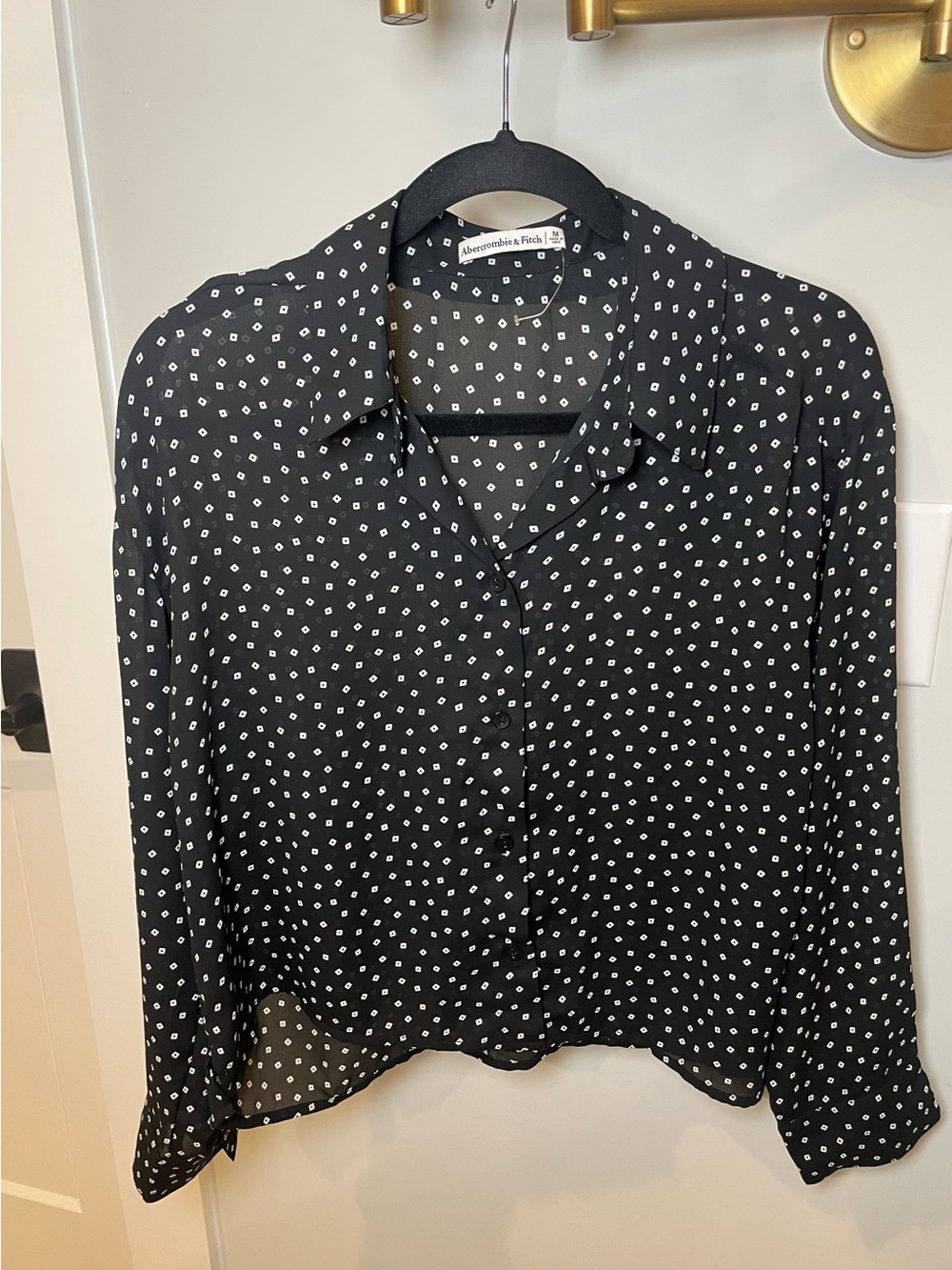 A&F Sheer Blouse Cropped Button Down Black Geo Square Blouse